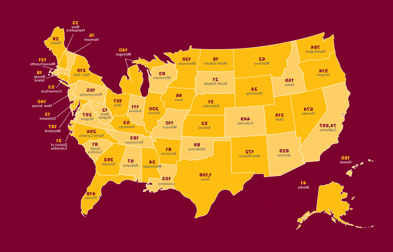 Map of alumni counts across US states